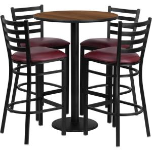 Flash Furniture 30” Round Black Laminate Table Set with Round Base and 4 Ladder Back Metal Barstools – Black Vinyl Seat(Walnut Top/Burgundy Vinyl Seat)