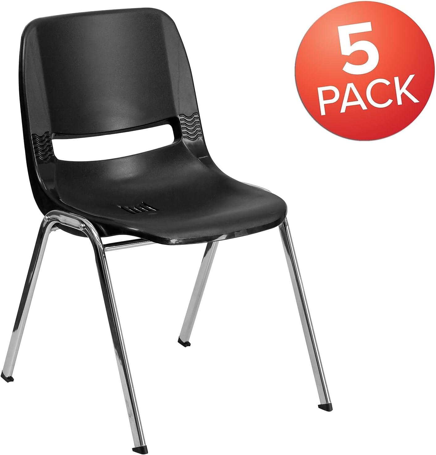 image:imageFlash Furniture 5 Pack HERCULES Series 880 lb Capacity Black Ergonomic Shell Stack Chair with Chrome Frame and 18 Seat HeightBlack PlasticChrome Frame