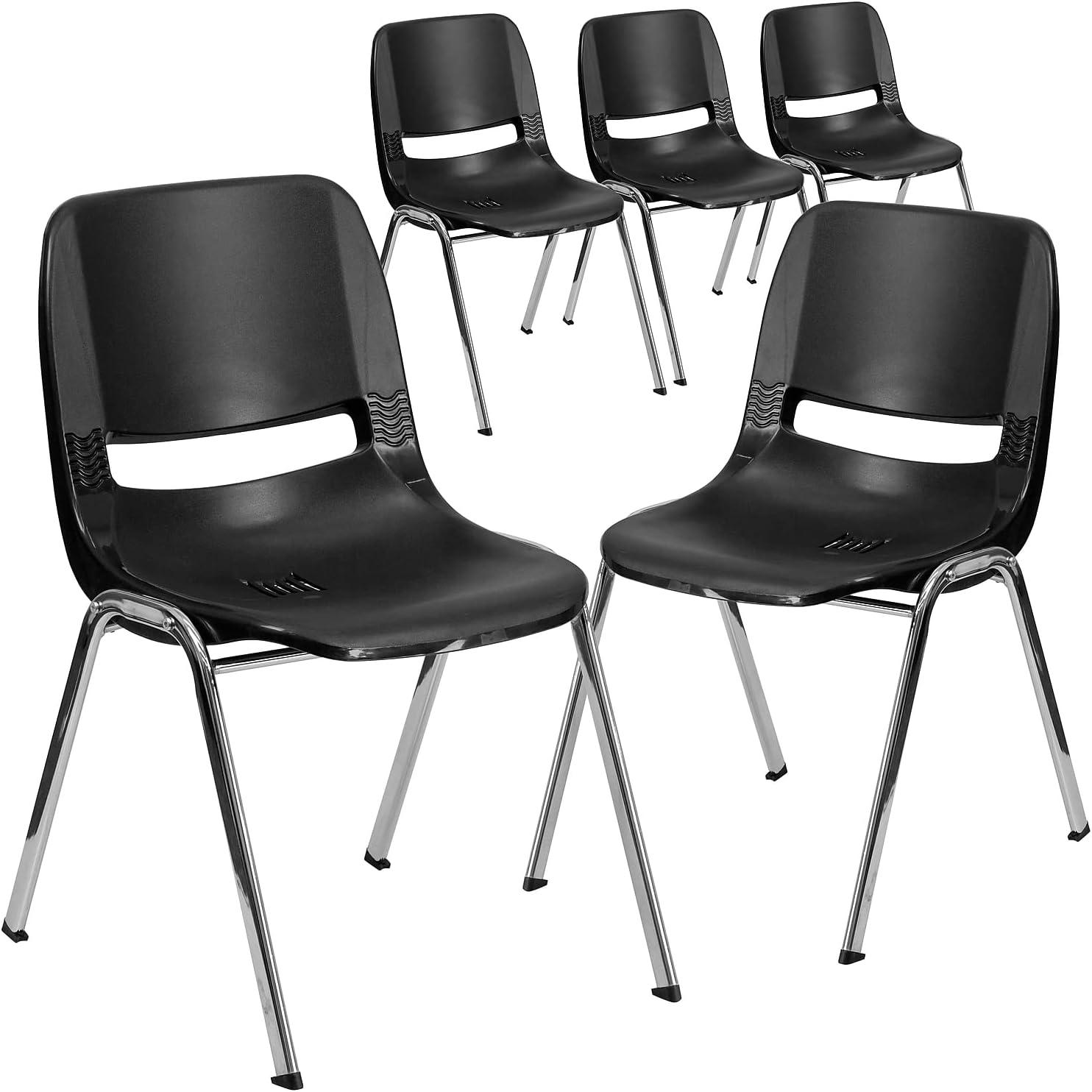 image:imageFlash Furniture 5 Pack HERCULES Series 880 lb Capacity Black Ergonomic Shell Stack Chair with Chrome Frame and 18 Seat HeightBlack PlasticChrome Frame