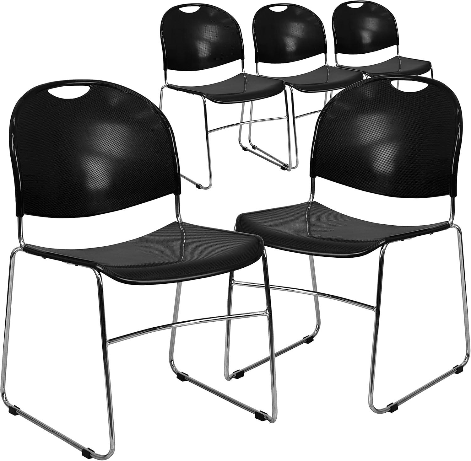 image:imageFlash Furniture 5 Pack HERCULES Series 880 lb Capacity Black UltraCompact Stack Chair with Chrome FrameBlack PlasticChrome Frame