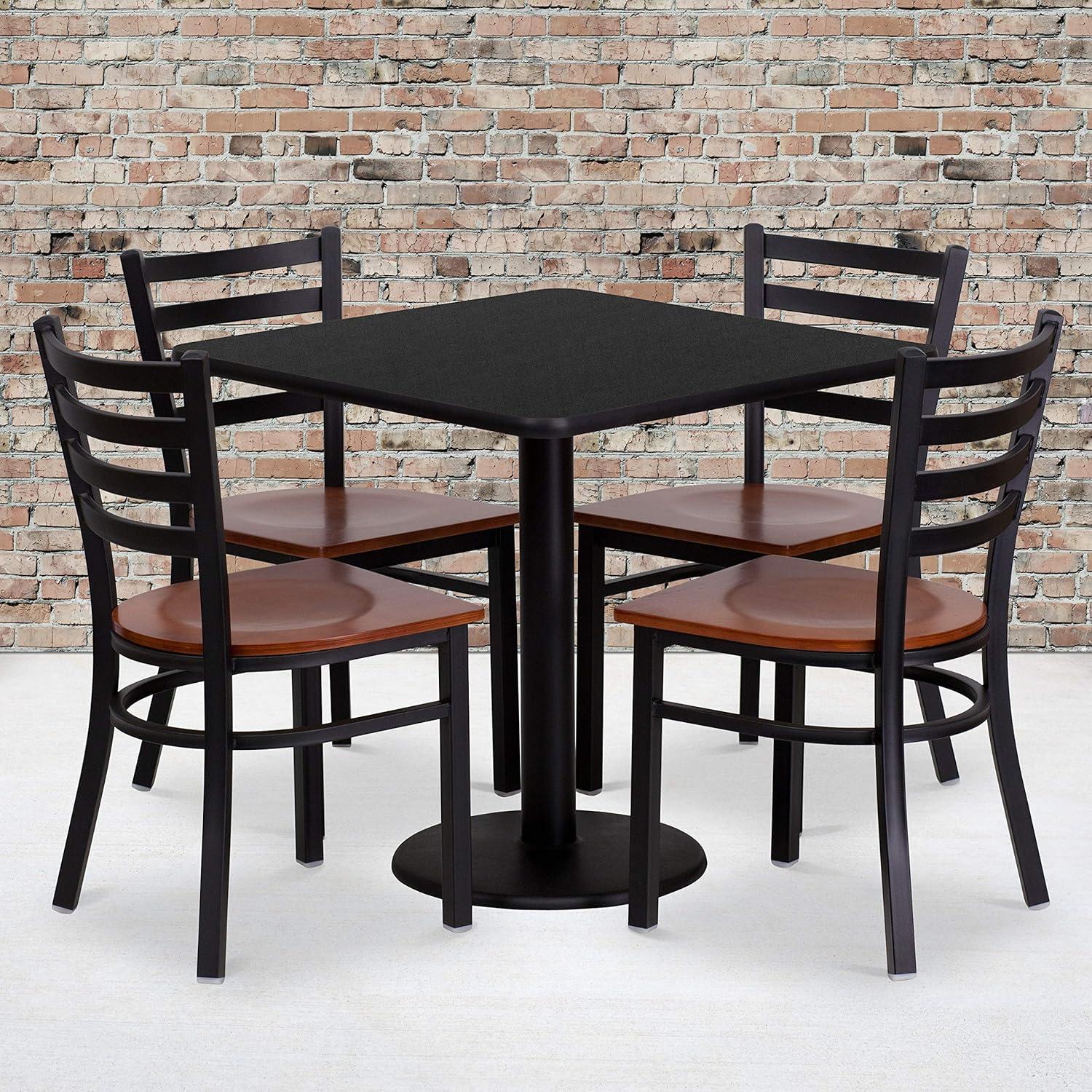 image:imageFlash Furniture Clark 30 Square Black Laminate Table Set with 4 Ladder Back Metal Chairs Cherry Wood Seat