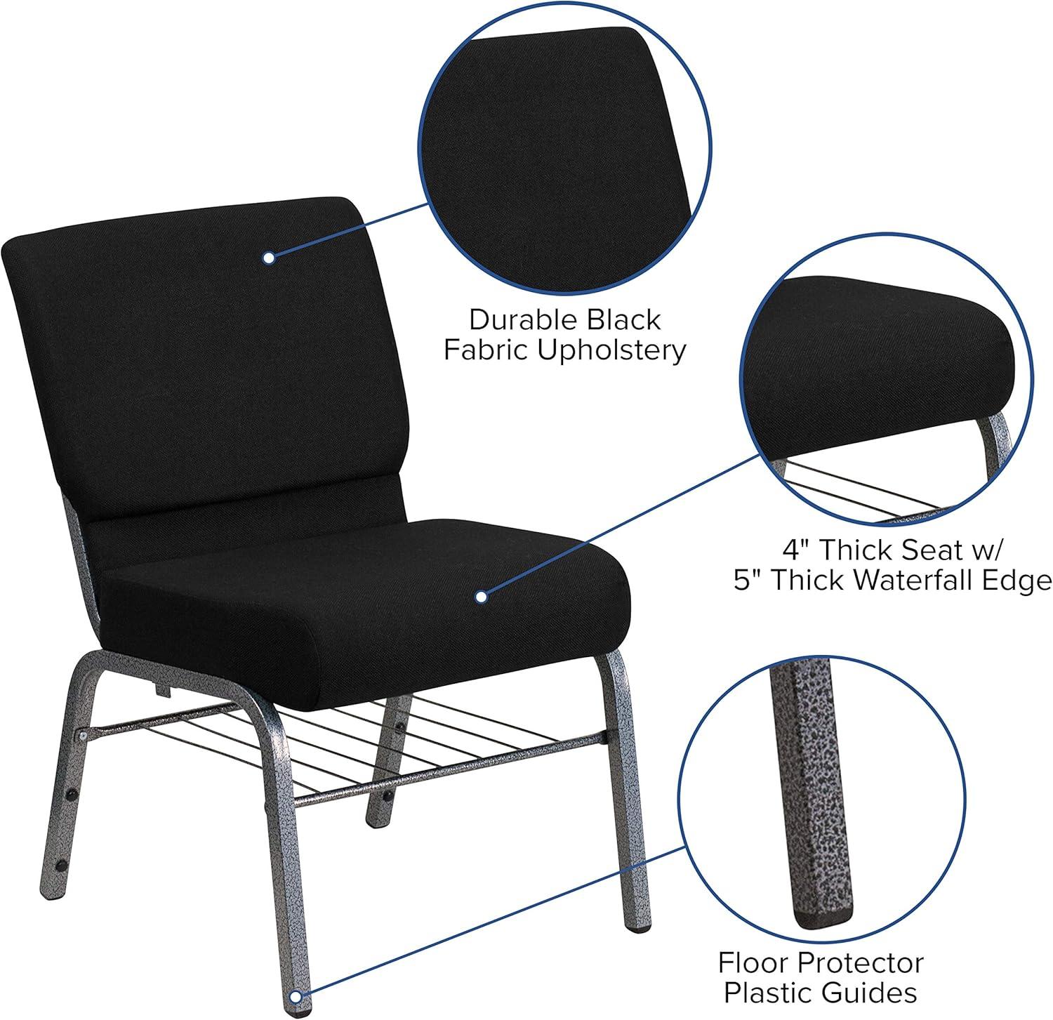 image:imageFlash Furniture HERCULES Series 21W Church Chair in Black Fabric with Book Rack Silver Vein FrameBlack FabricSilver Vein Frame