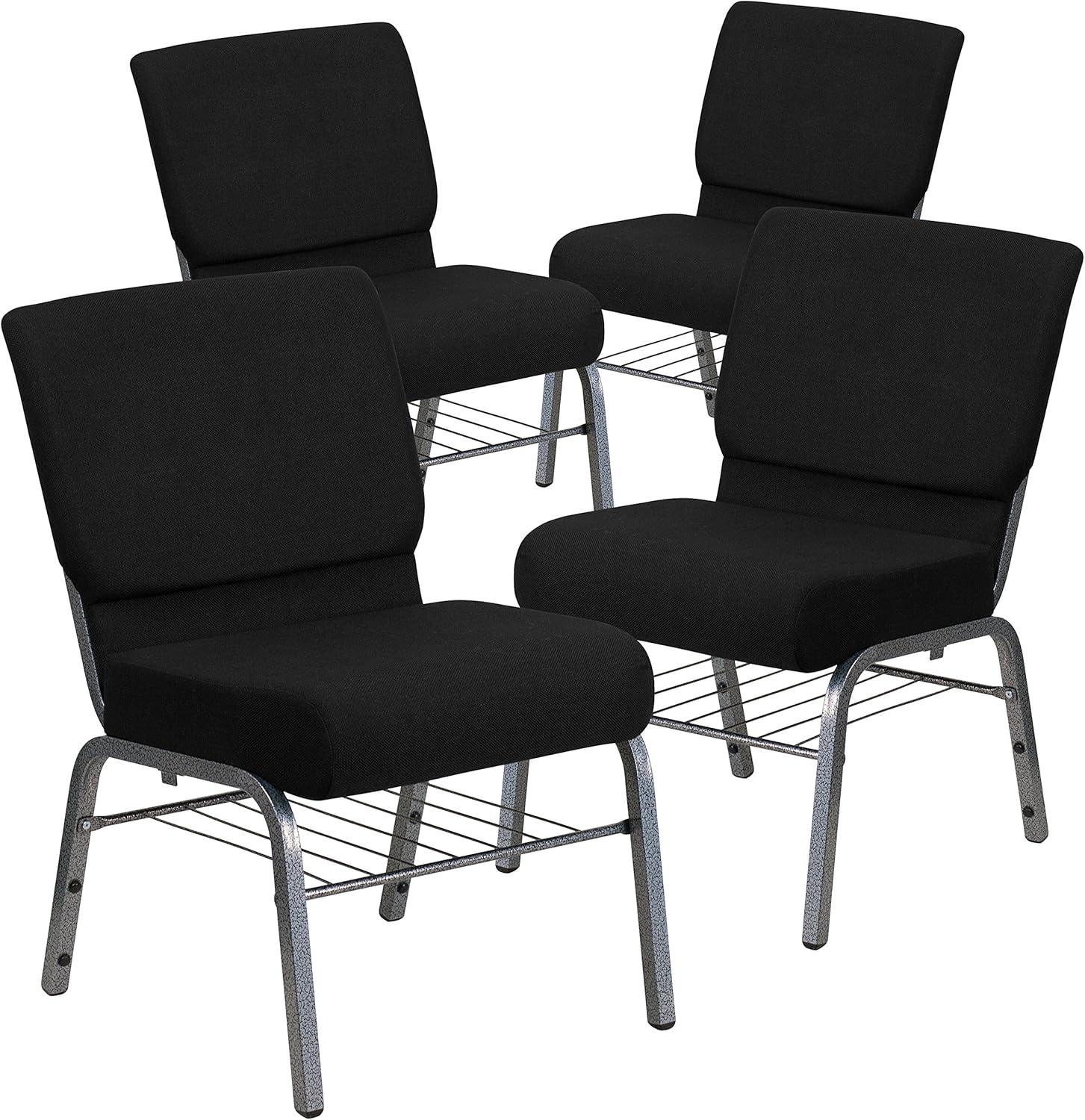 image:imageFlash Furniture HERCULES Series 21W Church Chair in Black Fabric with Book Rack Silver Vein FrameBlack FabricSilver Vein Frame