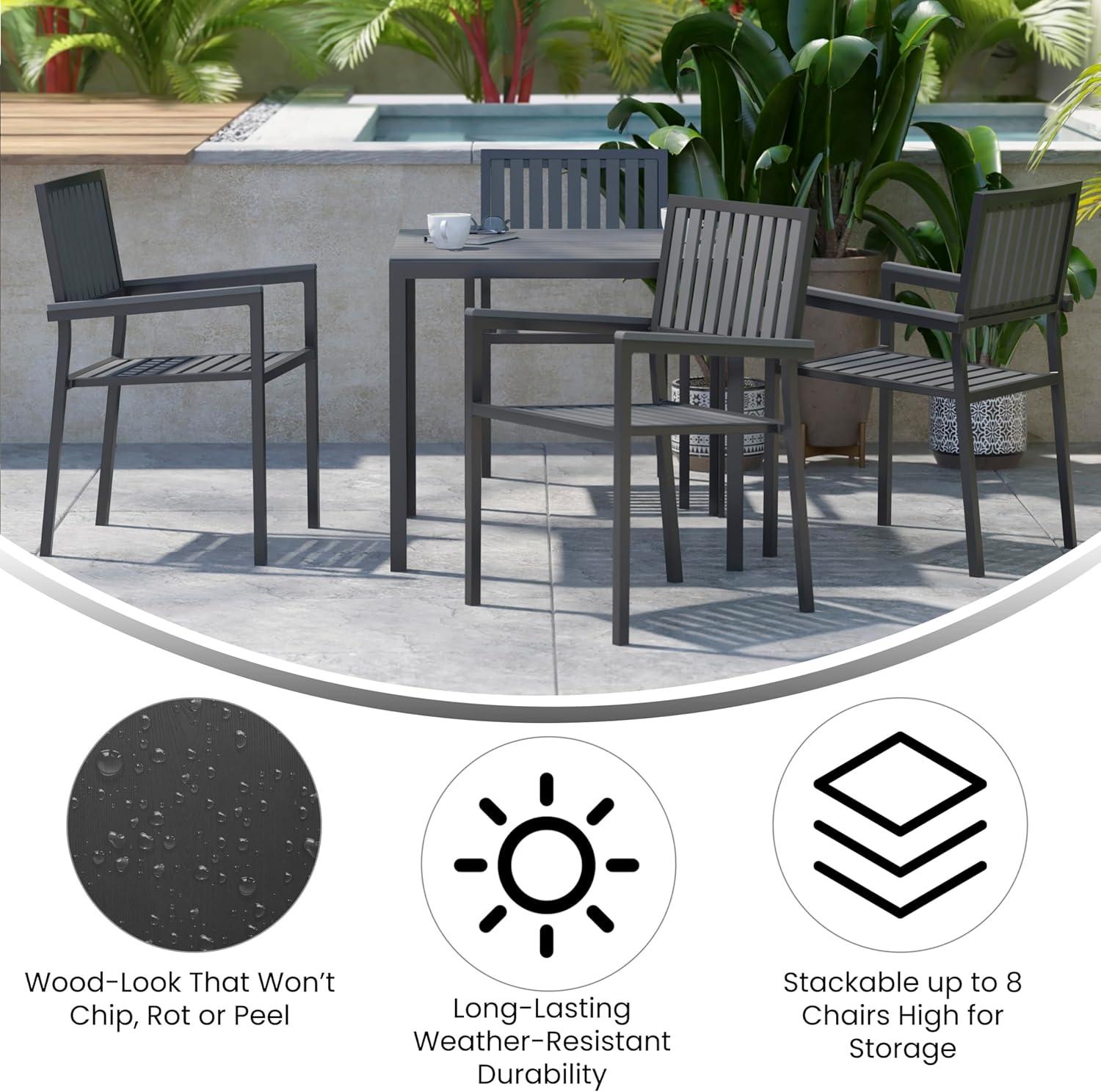 image:imageFlash Furniture Harris Commercial 5 Piece Table and Chairs Set 4 Black Metal Chairs with Poly Resin Backs and Seats Black Square Table with Poly Resin TopContemporary