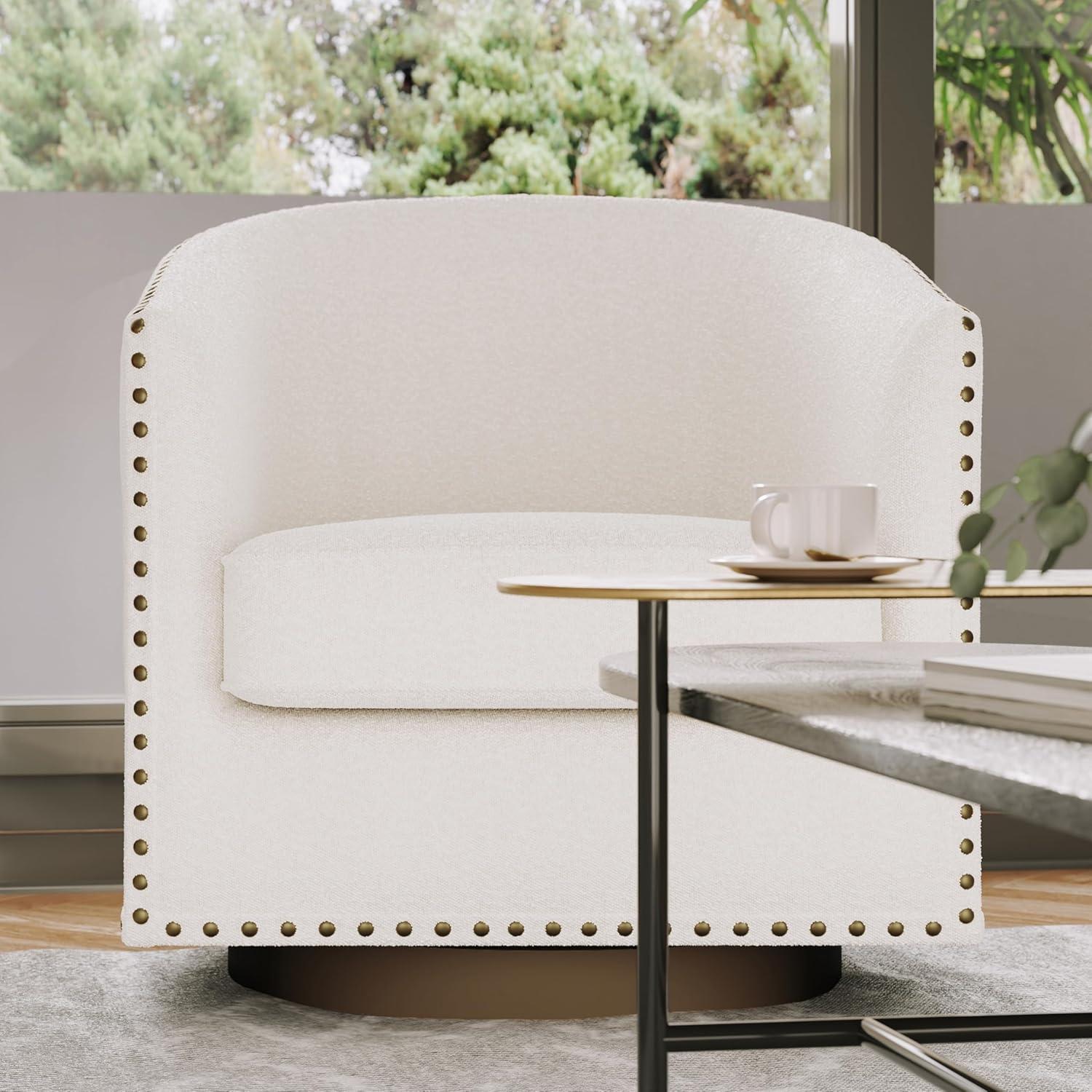 image:imageFlash Furniture Myles Upholstered Barrel Chair Commercial 360 Swivel Club Style Chair Nail Head Trim Brushed Metallic Vinyl Wrapped Metal Base Brown LeatherSoftCream Boucle