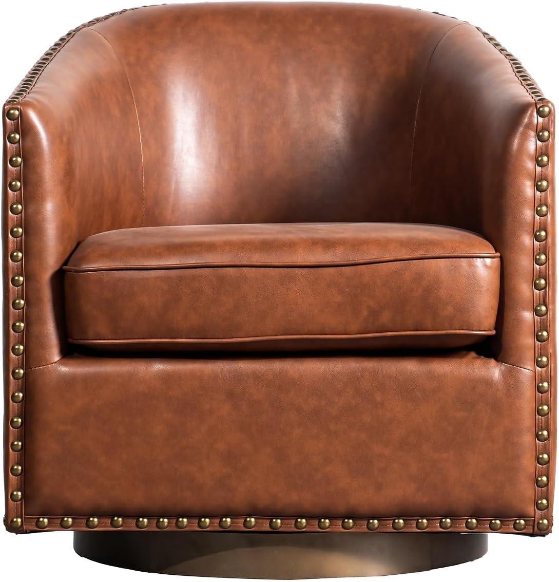 image:imageFlash Furniture Myles Upholstered Barrel Chair Commercial 360 Swivel Club Style Chair Nail Head Trim Brushed Metallic Vinyl Wrapped Metal Base Brown LeatherSoftBrown