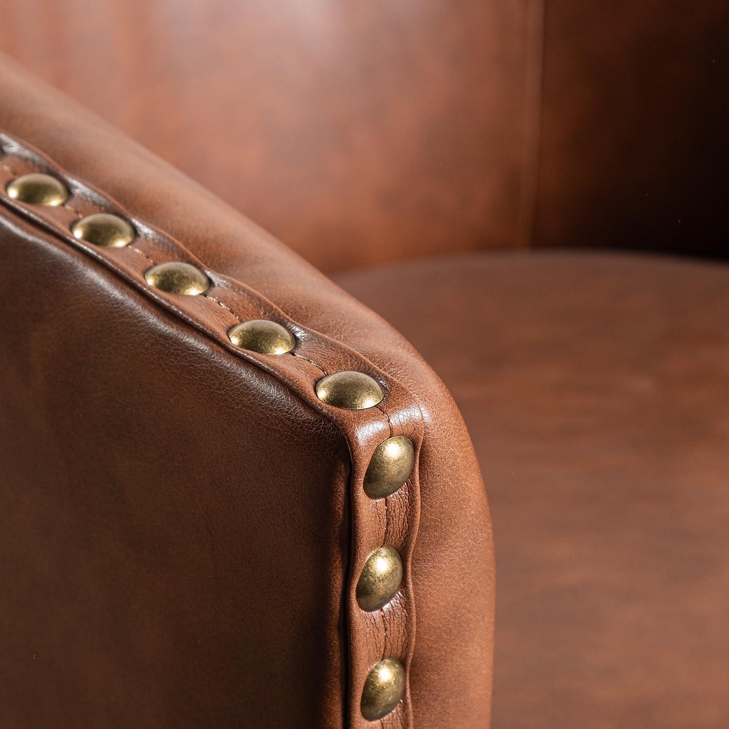 image:imageFlash Furniture Myles Upholstered Barrel Chair Commercial 360 Swivel Club Style Chair Nail Head Trim Brushed Metallic Vinyl Wrapped Metal Base Brown LeatherSoftBrown