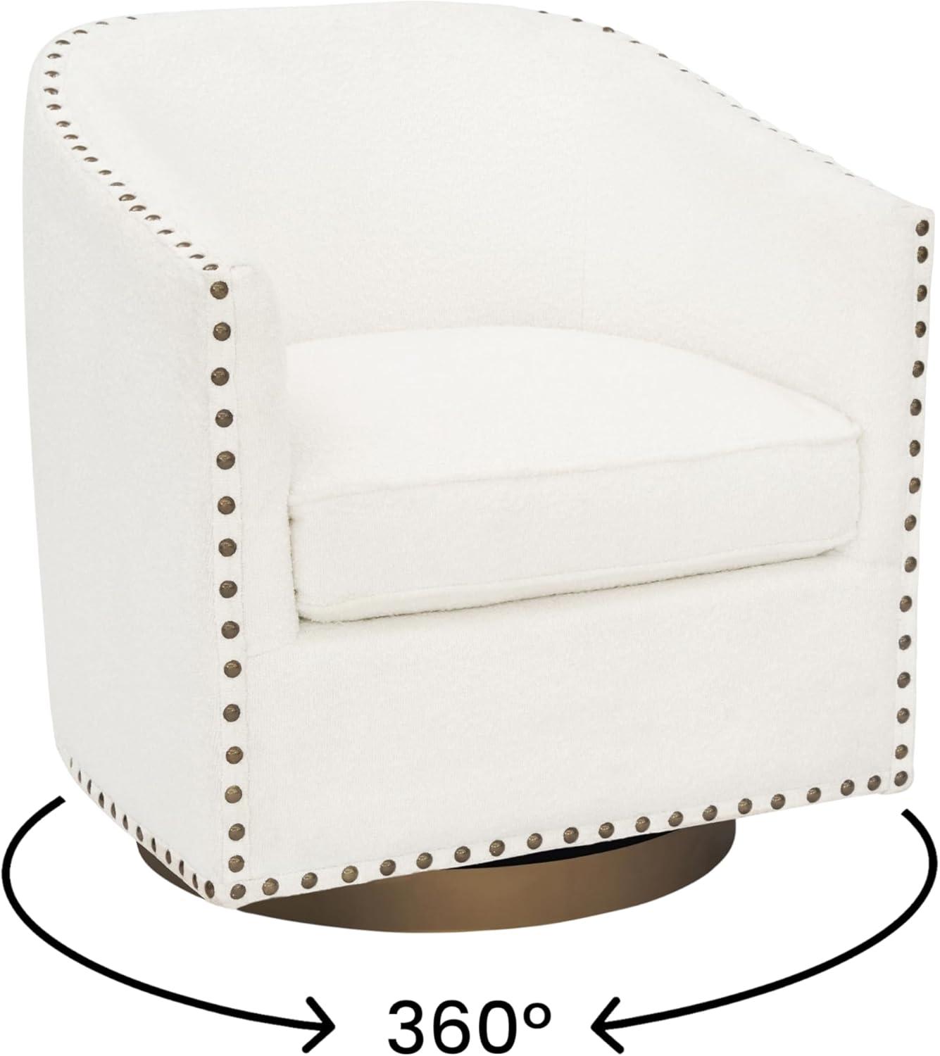 image:imageFlash Furniture Myles Upholstered Barrel Chair Commercial 360 Swivel Club Style Chair Nail Head Trim Brushed Metallic Vinyl Wrapped Metal Base Brown LeatherSoftCream Boucle