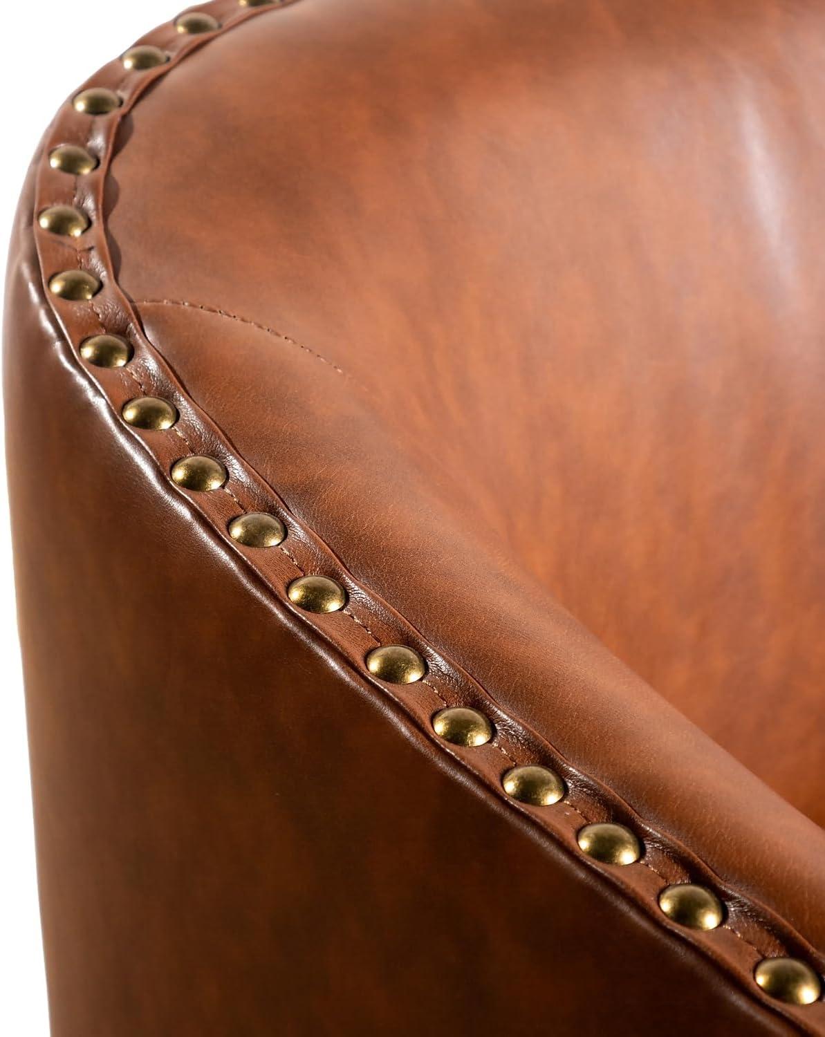 image:imageFlash Furniture Myles Upholstered Barrel Chair Commercial 360 Swivel Club Style Chair Nail Head Trim Brushed Metallic Vinyl Wrapped Metal Base Brown LeatherSoftBrown