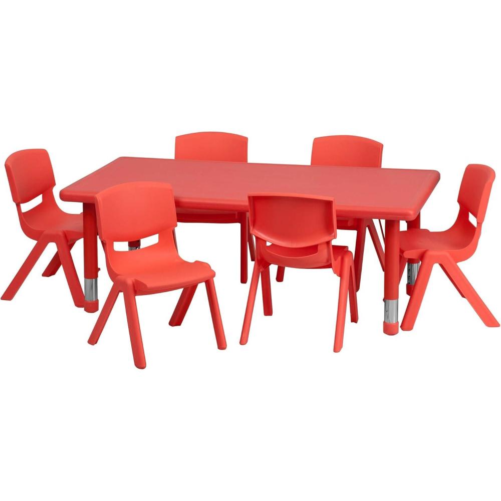 image:imageFlash Furniture Adjustable Classroom Activity Table with 6 Stackable Chairs Rectangular Plastic Activity Table for Kids 24 W x 48 L NaturalRed