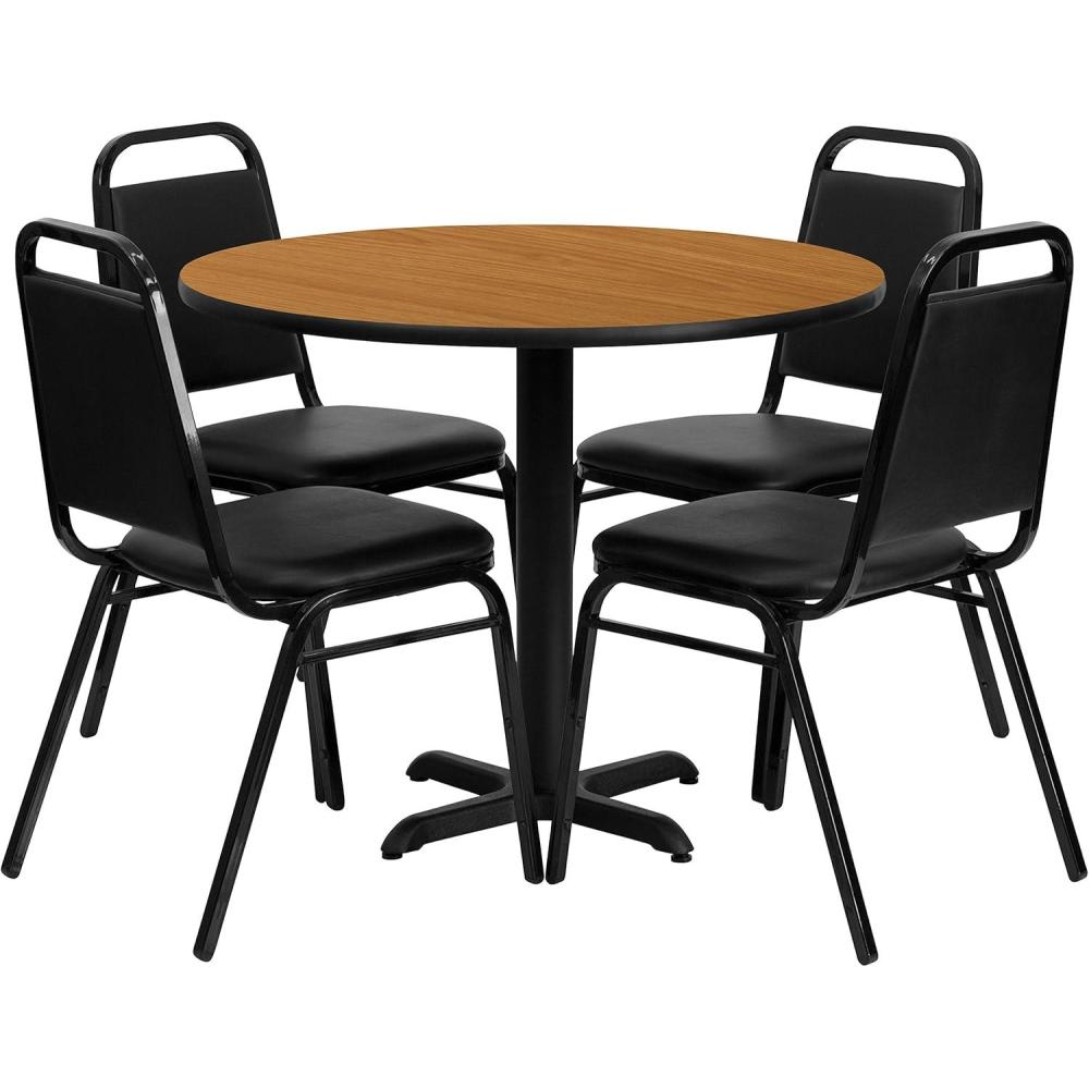 image:imageFlash Furniture Carlton 36 Round Natural Laminate Table Set with XBase and 4 Black Trapezoidal Back Banquet ChairsNatural TopBlack Vinyl Seat