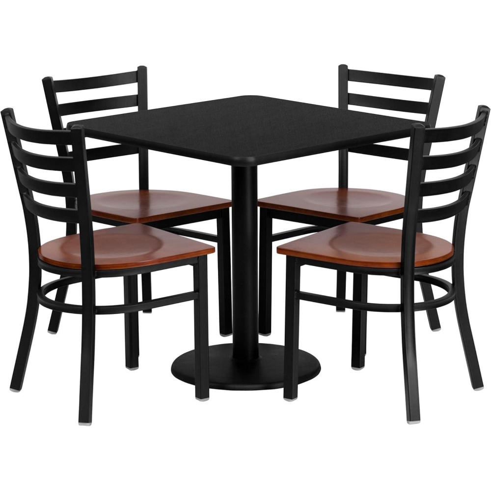 image:imageFlash Furniture Clark 30 Square Black Laminate Table Set with 4 Ladder Back Metal Chairs Cherry Wood Seat