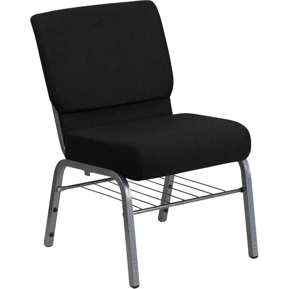 image:imageFlash Furniture HERCULES Series 21W Church Chair in Black Fabric with Book Rack Silver Vein FrameBlack FabricSilver Vein Frame