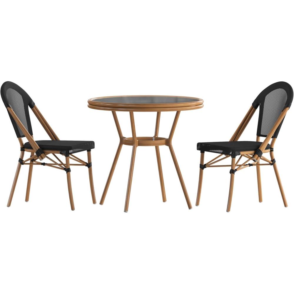 image:imageFlash Furniture Marseille IndoorOutdoor Commercial Bistro Set Tempered Glass Top Table 2 Chairs Textilene Lt NAT Bamboo Print Aluminum Frame BlkWhtBlack TextileneNatural Frame