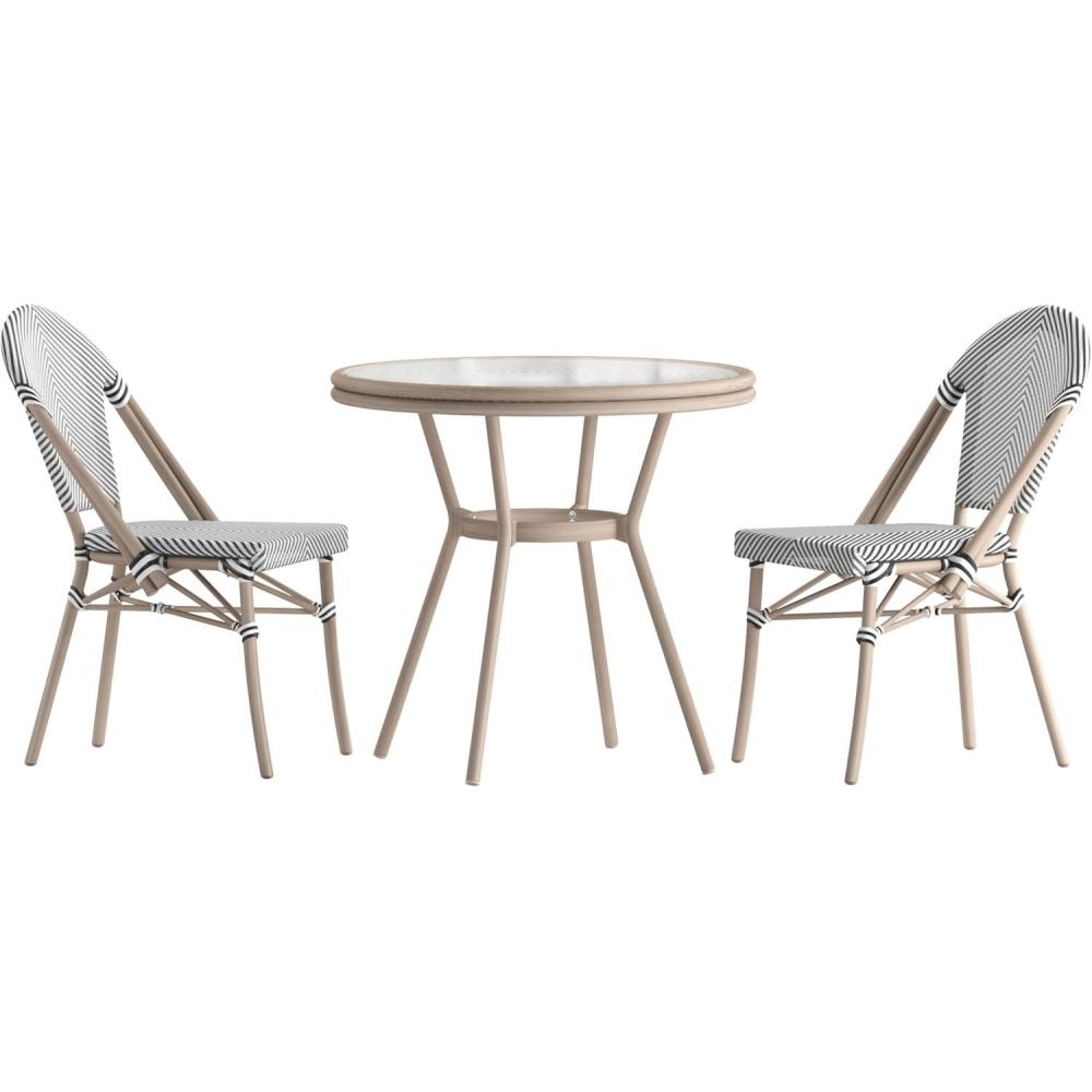 image:imageFlash Furniture Marseille IndoorOutdoor Commercial Bistro Set Tempered Glass Top Table 2 Chairs Textilene Lt NAT Bamboo Print Aluminum Frame BlkWhtBlack White TextileneLight Natural Frame
