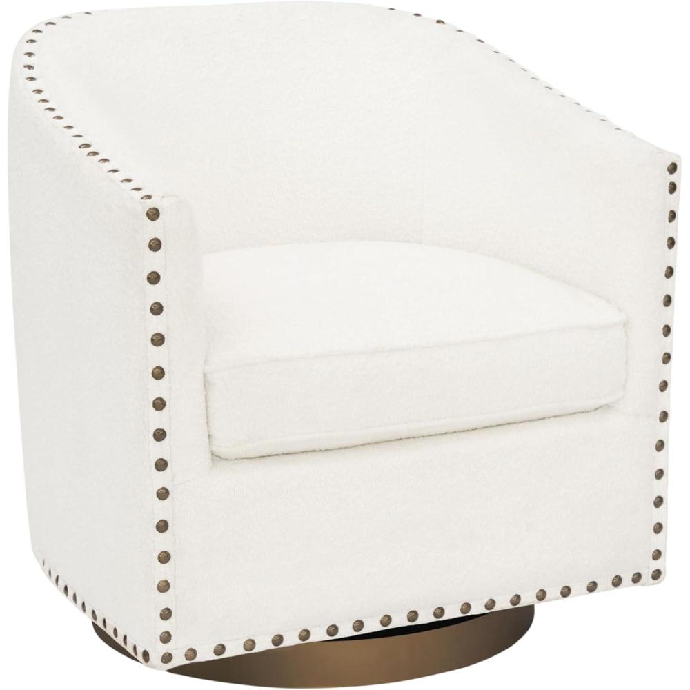 image:imageFlash Furniture Myles Upholstered Barrel Chair Commercial 360 Swivel Club Style Chair Nail Head Trim Brushed Metallic Vinyl Wrapped Metal Base Brown LeatherSoftCream Boucle