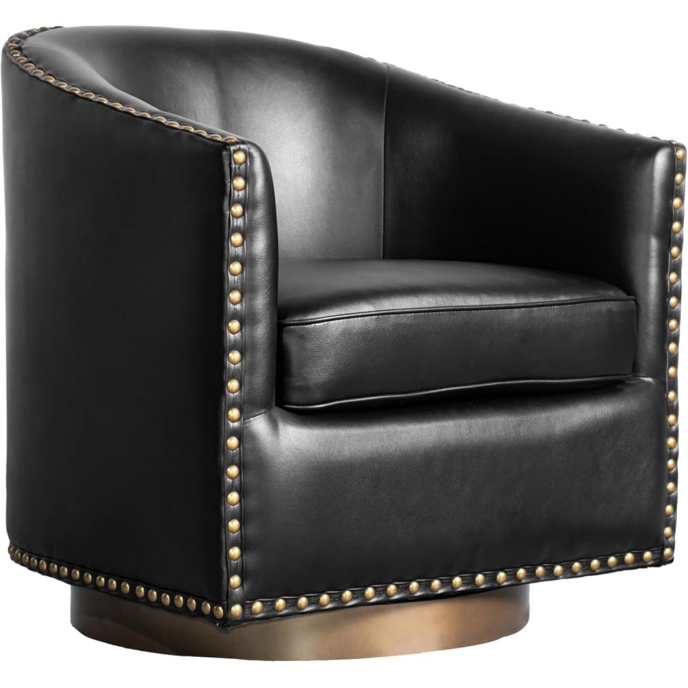 image:imageFlash Furniture Myles Upholstered Barrel Chair Commercial 360 Swivel Club Style Chair Nail Head Trim Brushed Metallic Vinyl Wrapped Metal Base Brown LeatherSoftBlack