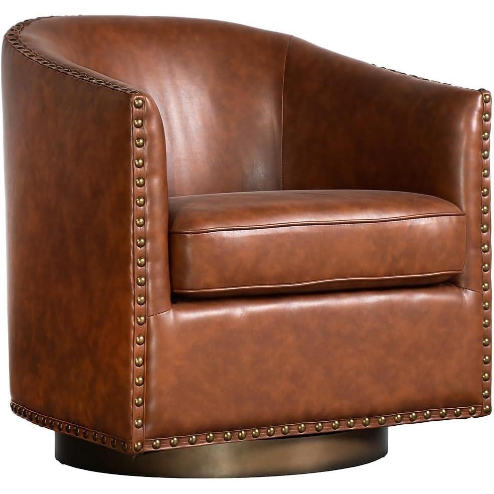 image:imageFlash Furniture Myles Upholstered Barrel Chair Commercial 360 Swivel Club Style Chair Nail Head Trim Brushed Metallic Vinyl Wrapped Metal Base Brown LeatherSoftBrown