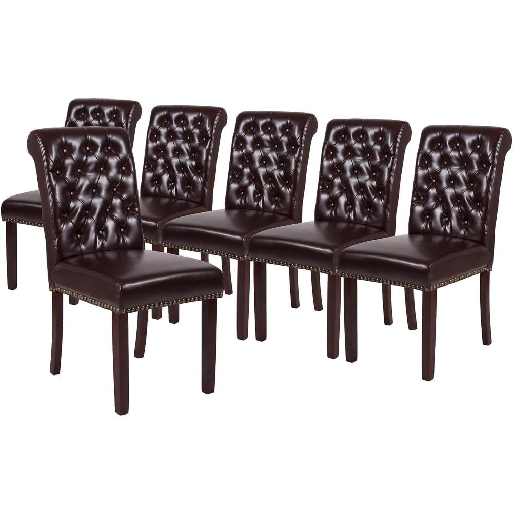 image:imageFlash Furniture Set of 6 Hercules Series Brown LeatherSoft Parsons Chairs with Rolled Back Accent Nail Trim and Walnut Finish