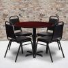 Flash Furniture Carlton 36” Round Natural Laminate Table Set with X-Base and 4 Black Trapezoidal Back Banquet Chairs(Mahogany Top/Black Vinyl Seat)