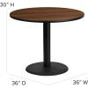 Flash Furniture Carlton 36” Round Natural Laminate Table Set with X-Base and 4 Black Trapezoidal Back Banquet Chairs(Walnut Top/Black Vinyl Seat)