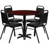 Flash Furniture Carlton 36” Round Natural Laminate Table Set with X-Base and 4 Black Trapezoidal Back Banquet Chairs(Mahogany Top/Black Vinyl Seat)