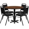 Flash Furniture Carlton 36” Round Natural Laminate Table Set with X-Base and 4 Black Trapezoidal Back Banquet Chairs(Walnut Top/Black Vinyl Seat)
