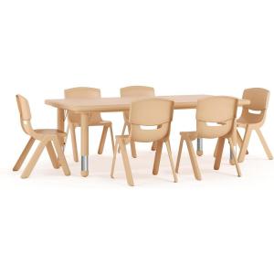Flash Furniture Adjustable Classroom Activity Table with 6 Stackable Chairs, Rectangular Plastic Activity Table for Kids, 24″ W x 48″ L, Natural(Natural)