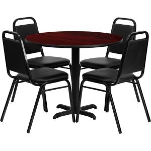 Flash Furniture Carlton 36” Round Natural Laminate Table Set with X-Base and 4 Black Trapezoidal Back Banquet Chairs(Mahogany Top/Black Vinyl Seat)