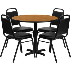 Flash Furniture Carlton 36” Round Natural Laminate Table Set with X-Base and 4 Black Trapezoidal Back Banquet Chairs(Natural Top/Black Vinyl Seat)