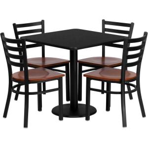 Flash Furniture Clark 30” Square Black Laminate Table Set with 4 Ladder Back Metal Chairs – Cherry Wood Seat