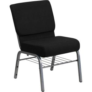 Flash Furniture HERCULES Series 21”W Church Chair in Black Fabric with Book Rack – Silver Vein Frame(Black Fabric/Silver Vein Frame)