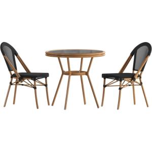 Flash Furniture Marseille Indoor/Outdoor Commercial Bistro Set – Tempered Glass Top Table – 2 Chairs – Textilene – Lt NAT Bamboo Print Aluminum Frame – Blk/Wht(Black Textilene/Natural Frame)