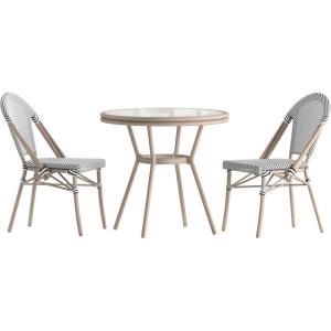 Flash Furniture Marseille Indoor/Outdoor Commercial Bistro Set – Tempered Glass Top Table – 2 Chairs – Textilene – Lt NAT Bamboo Print Aluminum Frame – Blk/Wht(Black & White Textilene/Light Natural Frame)