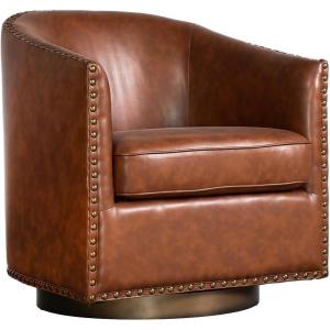 Flash Furniture Myles Upholstered Barrel Chair, Commercial 360° Swivel Club Style Chair, Nail Head Trim, Brushed Metallic Vinyl Wrapped Metal Base, Brown LeatherSoft(Brown)