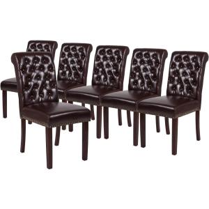 Flash Furniture Set of 6 Hercules Series Brown LeatherSoft Parsons Chairs with Rolled Back, Accent Nail Trim and Walnut Finish