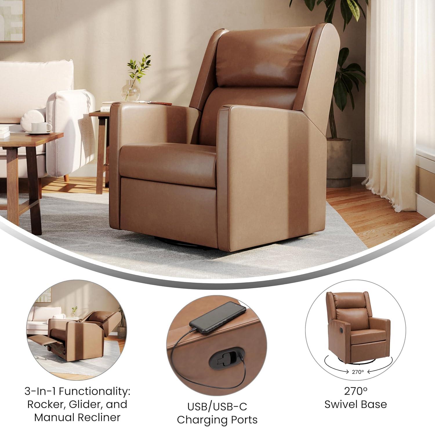 image:imageFlash Furniture Cash Swivel Manual Glider Rocker Recliner Chair USBUSBC Charging Ports 270 Degree Swivel Perfect for Living Room or Nursery OffWhite BoucleCognac Leathersoft