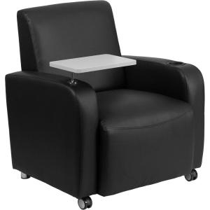 Flash Furniture George LeatherSoft Guest Chair with Tablet Arm, Cup Holder, and Front Wheel Casters, Upholstered Tablet Arm Chair for Offices, Black(Black)