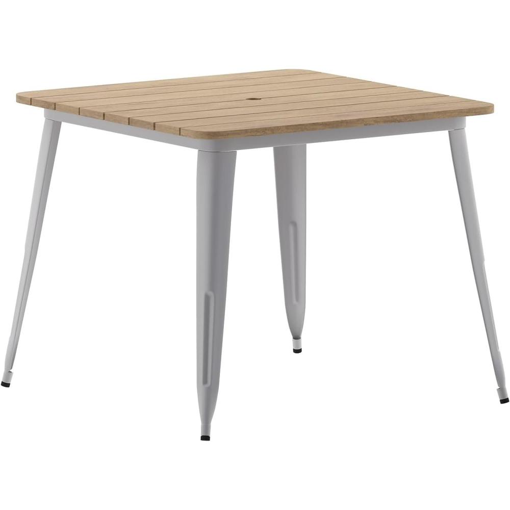 image:imageFlash Furniture Declan Commercial Outdoor Dining Table with Umbrella Hole All Weather Poly Resin Top and Steel Base 36 Square BrownBlackBrown TopSilver Frame