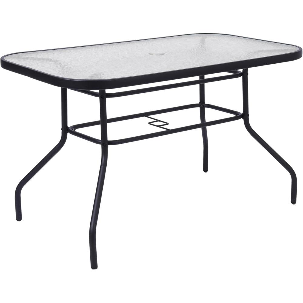 image:imageFlash Furniture Tory Rectangle Patio Table with Umbrella Hole Commercial AllWeather Table with Heat Resistant Tempered Glass Steel Tube Frame 275x4725 SilverClear TopBlack Frame