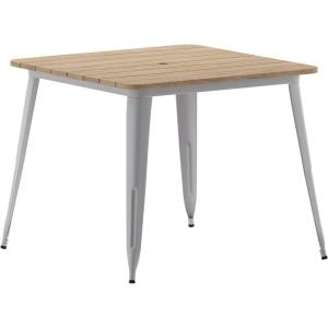 Flash Furniture Declan Commercial Outdoor Dining Table with Umbrella Hole, All Weather Poly Resin Top and Steel Base, 36″ Square, Brown/Black(Brown Top/Silver Frame)