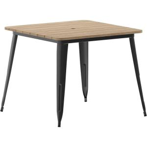Flash Furniture Declan Commercial Outdoor Dining Table with Umbrella Hole, All Weather Poly Resin Top and Steel Base, 36″ Square, Brown/Black(Brown/Black)