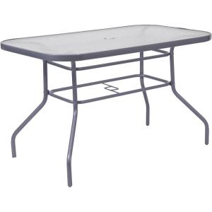 Flash Furniture Tory Rectangle Patio Table with Umbrella Hole, Commercial All-Weather Table with Heat Resistant Tempered Glass, Steel Tube Frame, 27.5×47.25, Silver(Clear Top/Silver Frame)