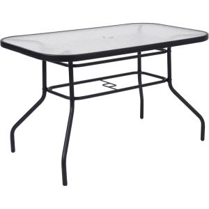 Flash Furniture Tory Rectangle Patio Table with Umbrella Hole, Commercial All-Weather Table with Heat Resistant Tempered Glass, Steel Tube Frame, 27.5×47.25, Silver(Clear Top/Black Frame)