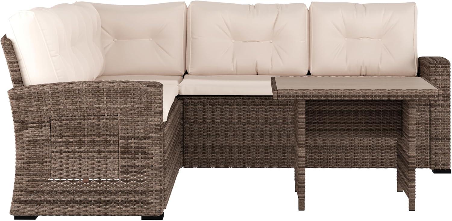 image:imageFlash Furniture Huck Wicker Rattan Conversation Set Versatile IndoorOutdoor Use LShaped Sofa and Dining Table WeatherResistant Cushions GrayBeige CushionsBrown Frame