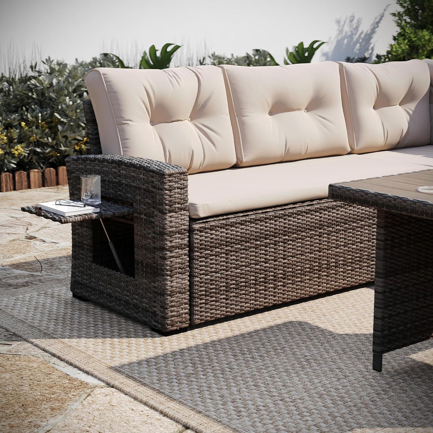 image:imageFlash Furniture Huck Wicker Rattan Conversation Set Versatile IndoorOutdoor Use LShaped Sofa and Dining Table WeatherResistant Cushions GrayBeige CushionsBrown Frame