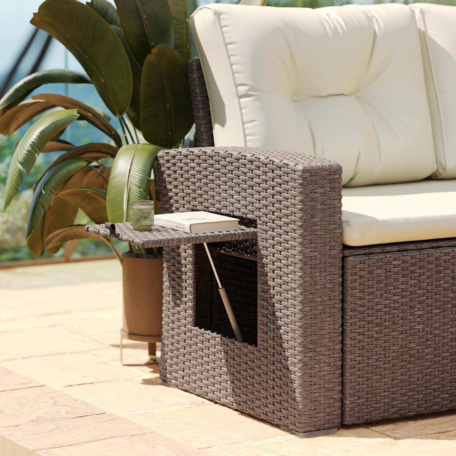 image:imageFlash Furniture Huck Wicker Rattan Conversation Set Versatile IndoorOutdoor Use LShaped Sofa and Dining Table WeatherResistant Cushions GrayBeige CushionsBrown Frame