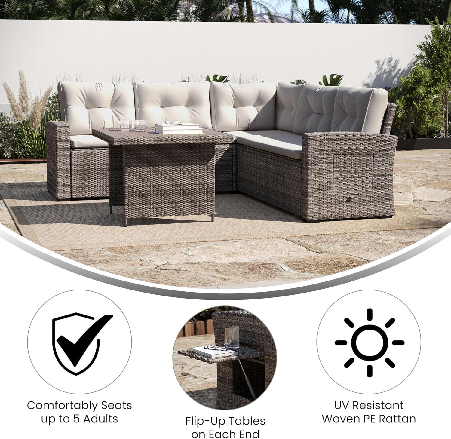 image:imageFlash Furniture Huck Wicker Rattan Conversation Set Versatile IndoorOutdoor Use LShaped Sofa and Dining Table WeatherResistant Cushions GrayBeige CushionsBrown Frame