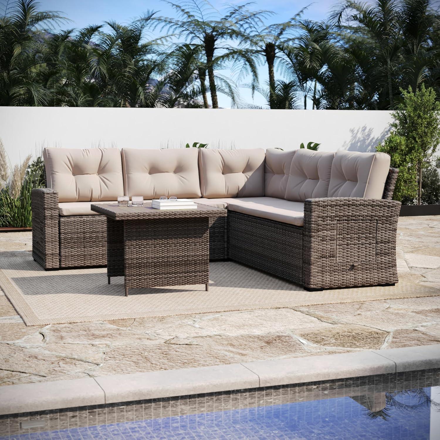 image:imageFlash Furniture Huck Wicker Rattan Conversation Set Versatile IndoorOutdoor Use LShaped Sofa and Dining Table WeatherResistant Cushions GrayBeige CushionsBrown Frame