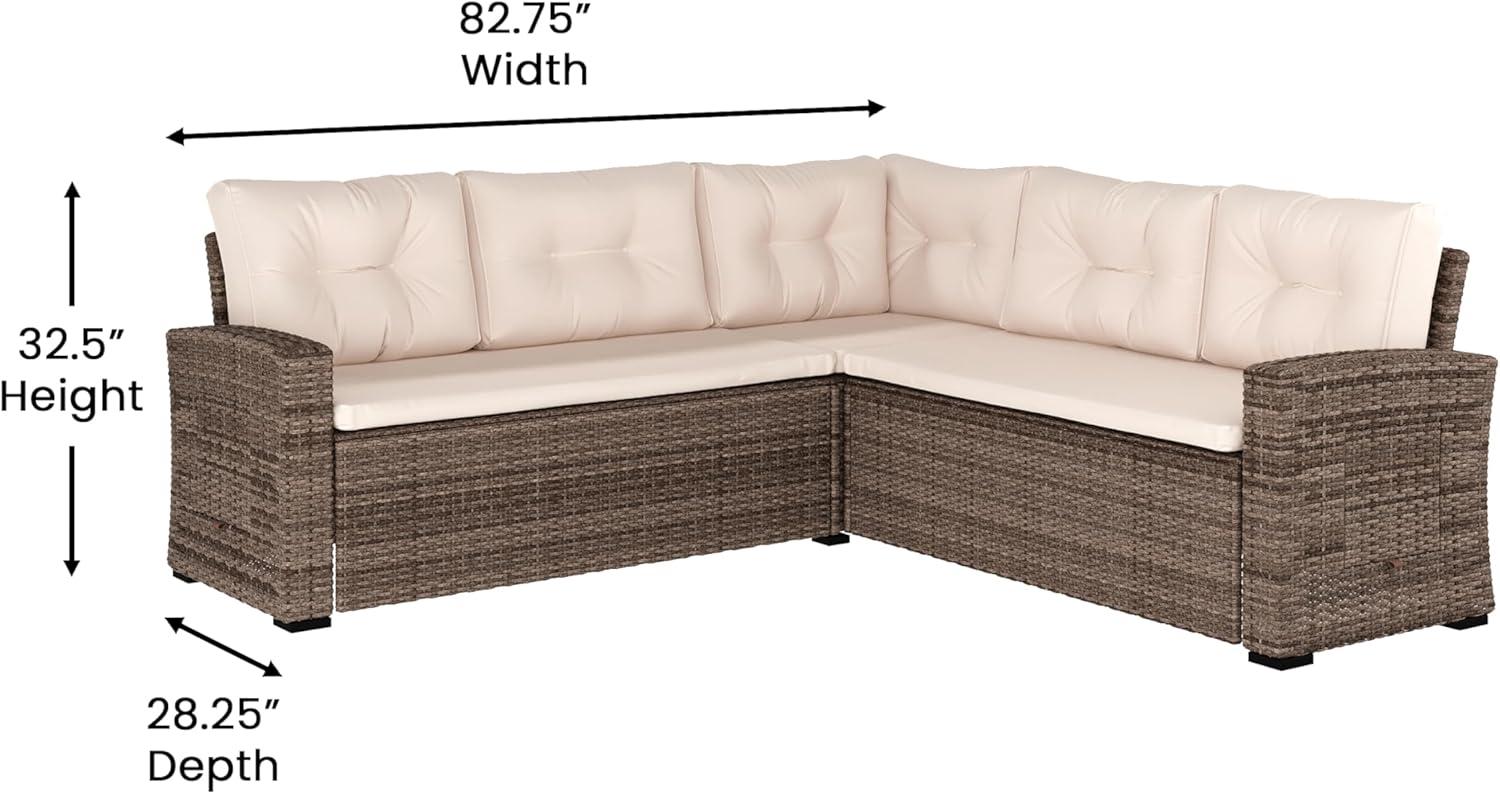 image:imageFlash Furniture Huck Wicker Rattan Conversation Set Versatile IndoorOutdoor Use LShaped Sofa and Dining Table WeatherResistant Cushions GrayBeige CushionsBrown Frame